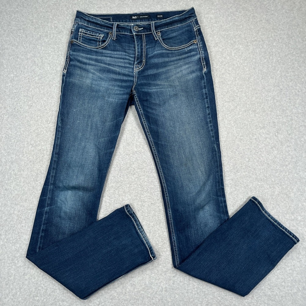 BKE Jake Straight Leg Jeans Mens 34x38 (34x37) Blue Denim Stretch Dark Buckle